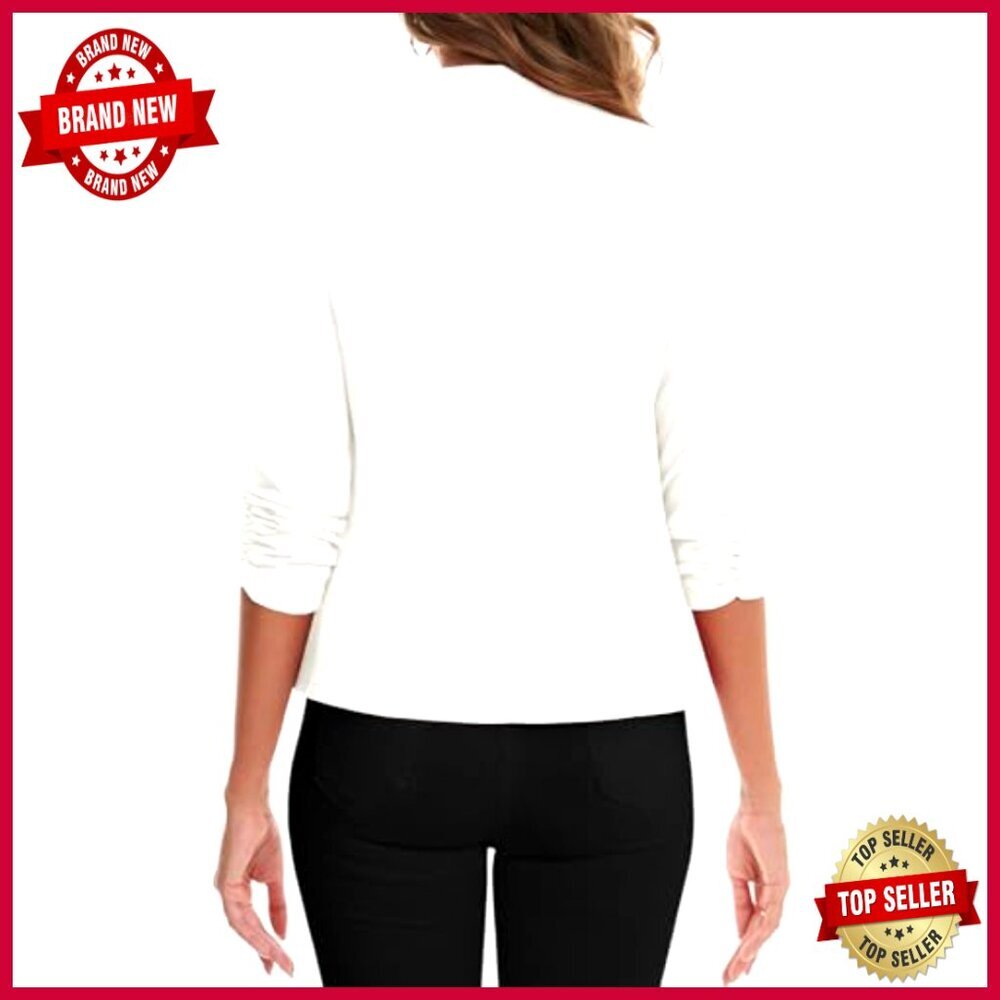 Women's Collarless Blazer Ruched 3/4 Sleeve Open Front Business Casual Jacket - Picture 2 of 6